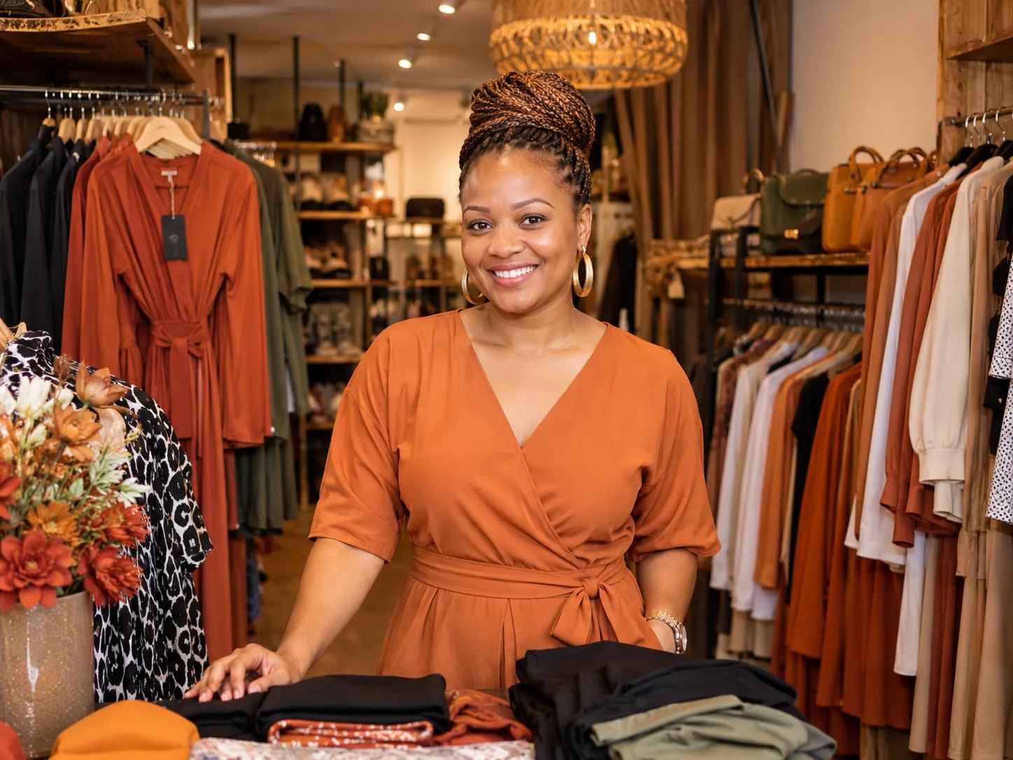 Smiling boutique owner in a terracotta wrap dress behind a folded-clothing display in a warm-toned fashion shop