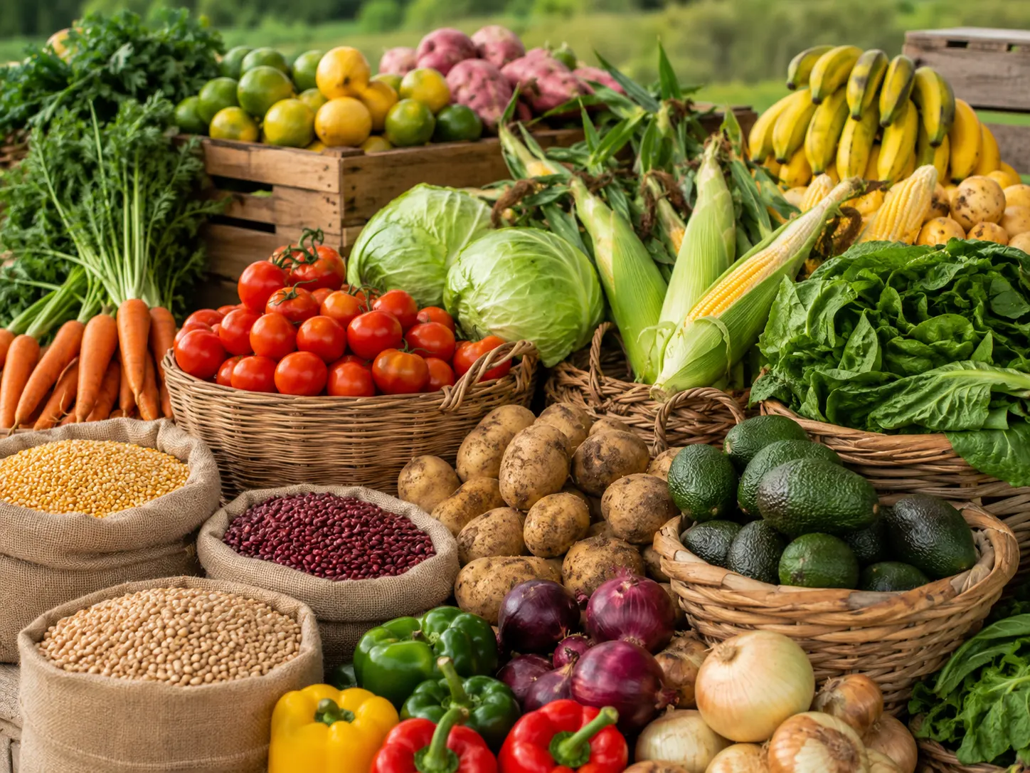Outdoor market display of fresh vegetables, fruit and grain sacks in woven baskets on wooden crates