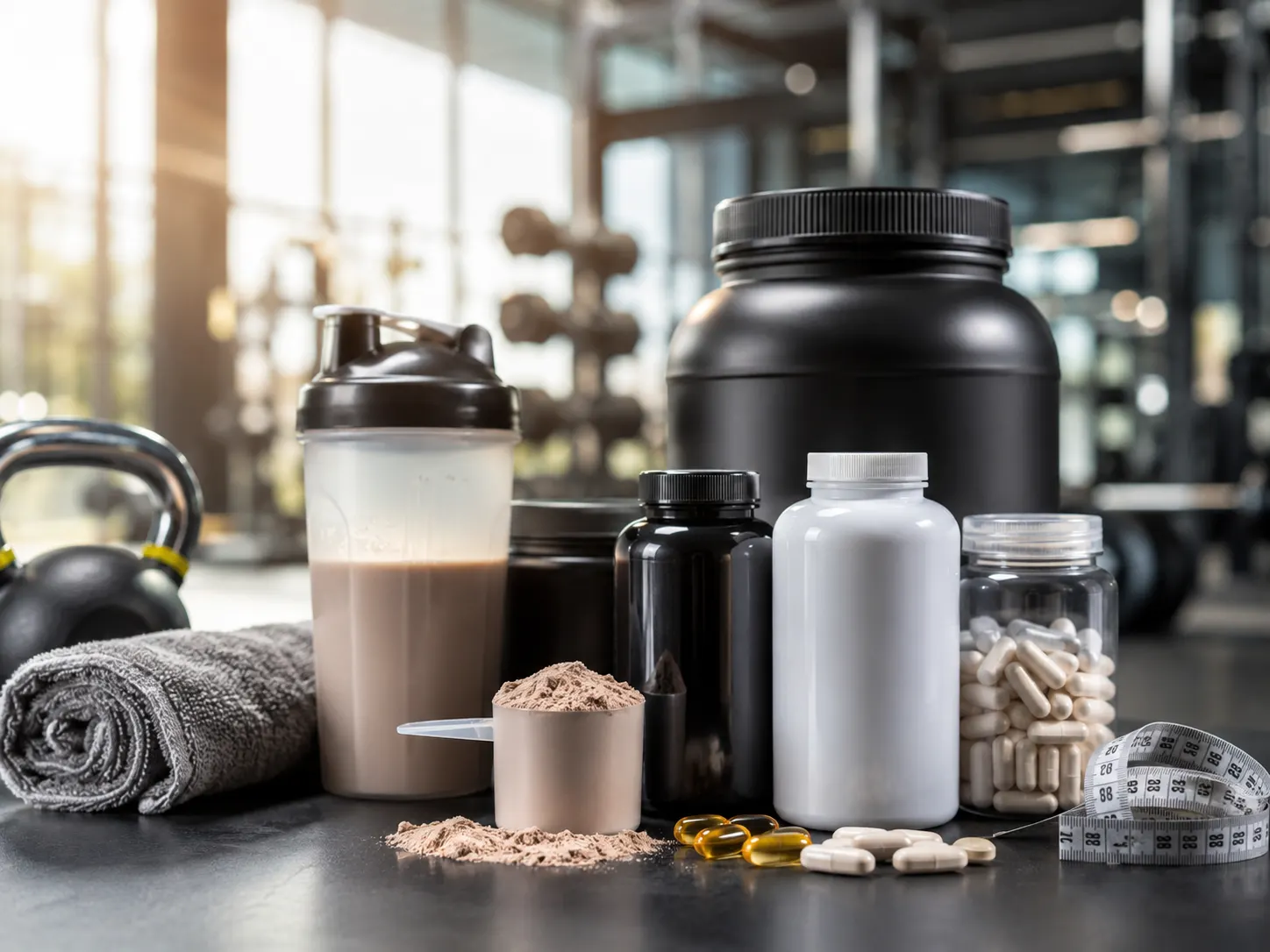 Protein powder tub, shaker bottle, supplement bottles and capsules on a gym floor with a kettlebell