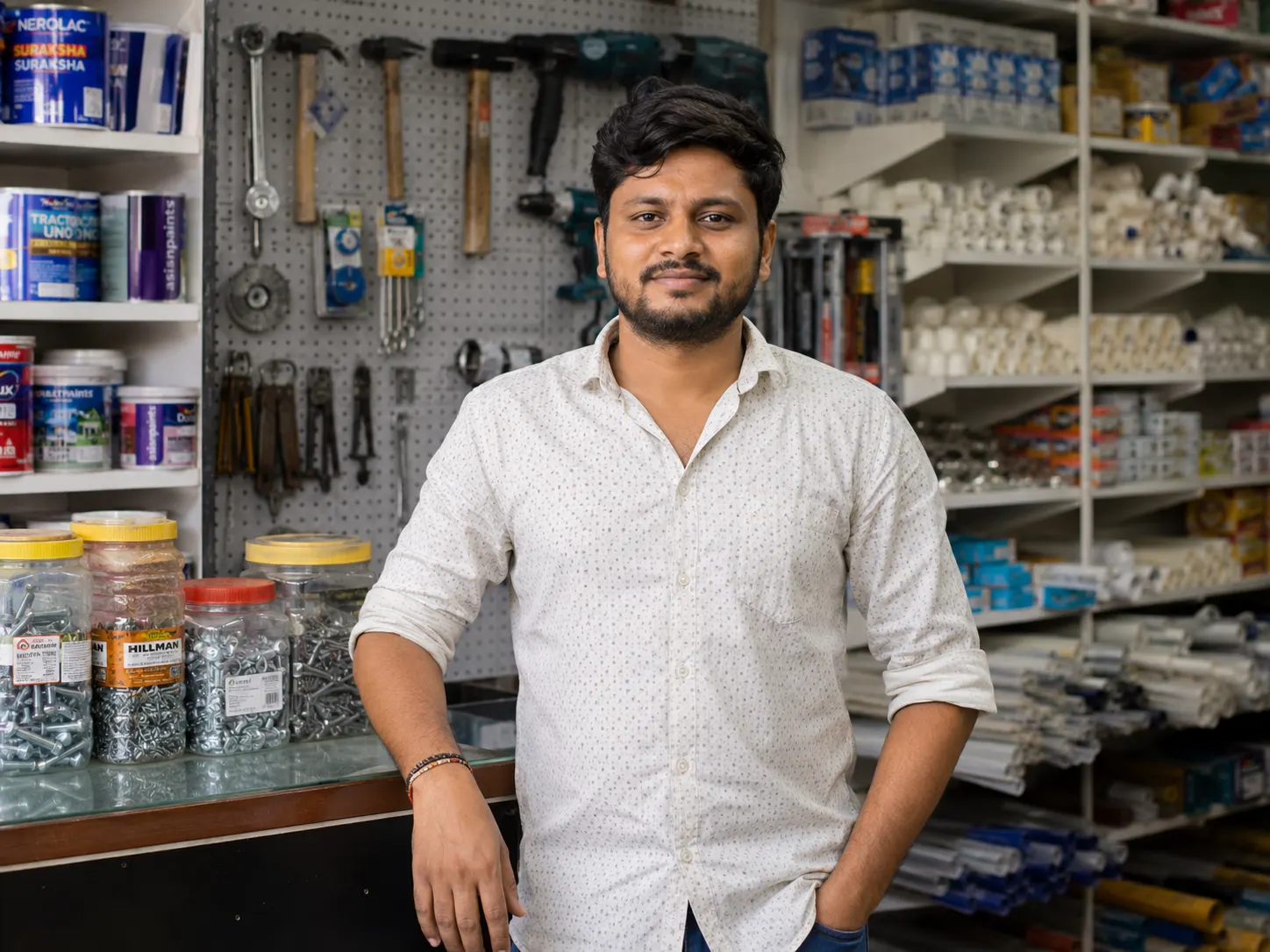 Young hardware shop owner leaning on the counter in front of a wall of hand tools and fasteners