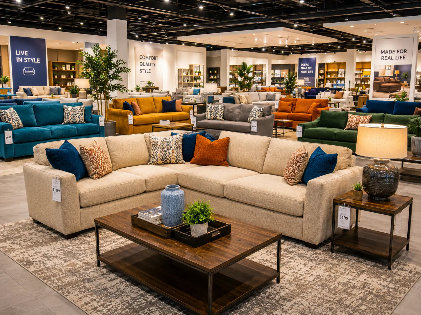 Furniture showroom with a beige sectional sofa, coffee table and rows of colourful display sofas