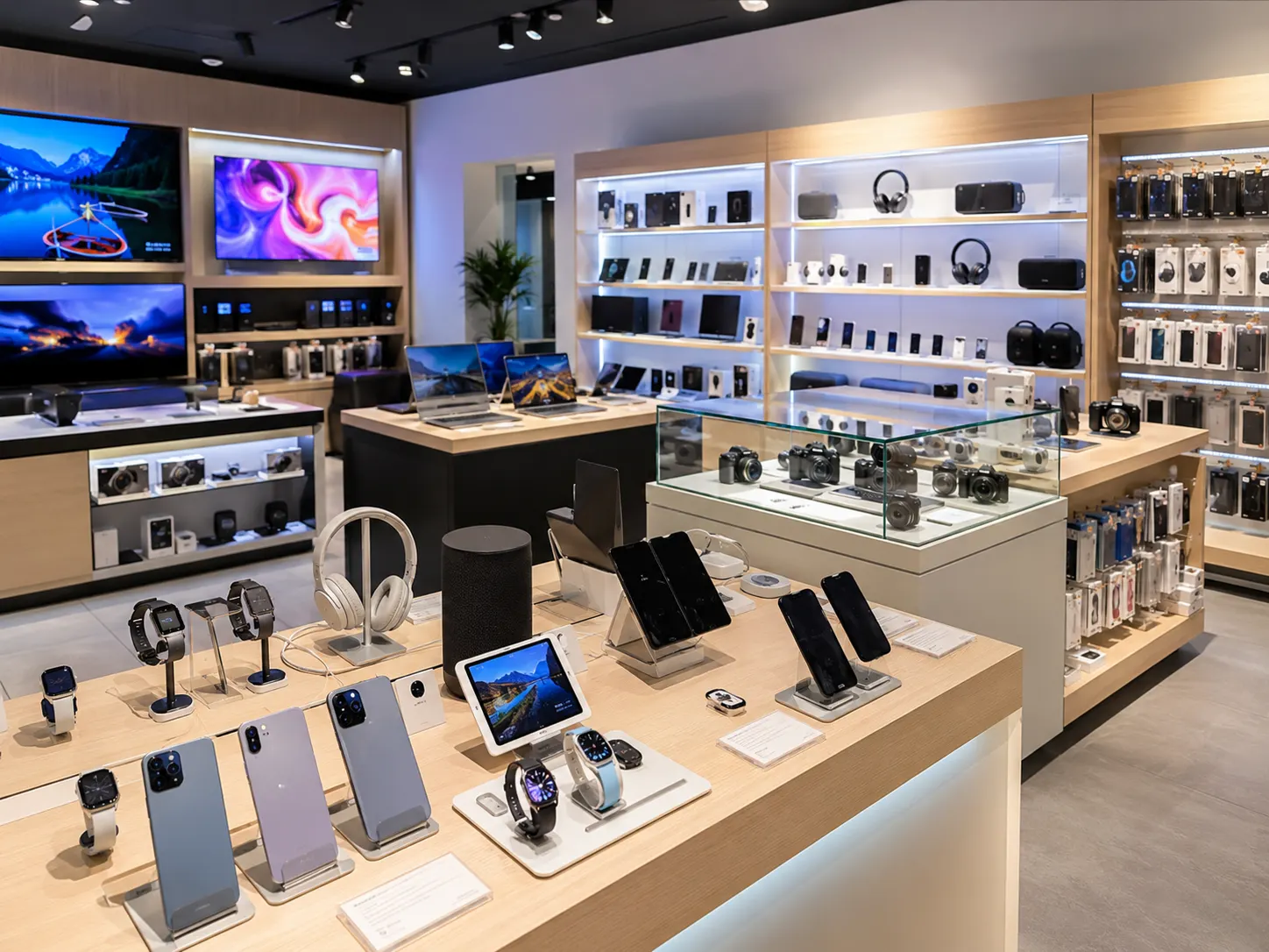 Bright electronics showroom displaying smartphones, smartwatches, headphones and TVs on wooden counters