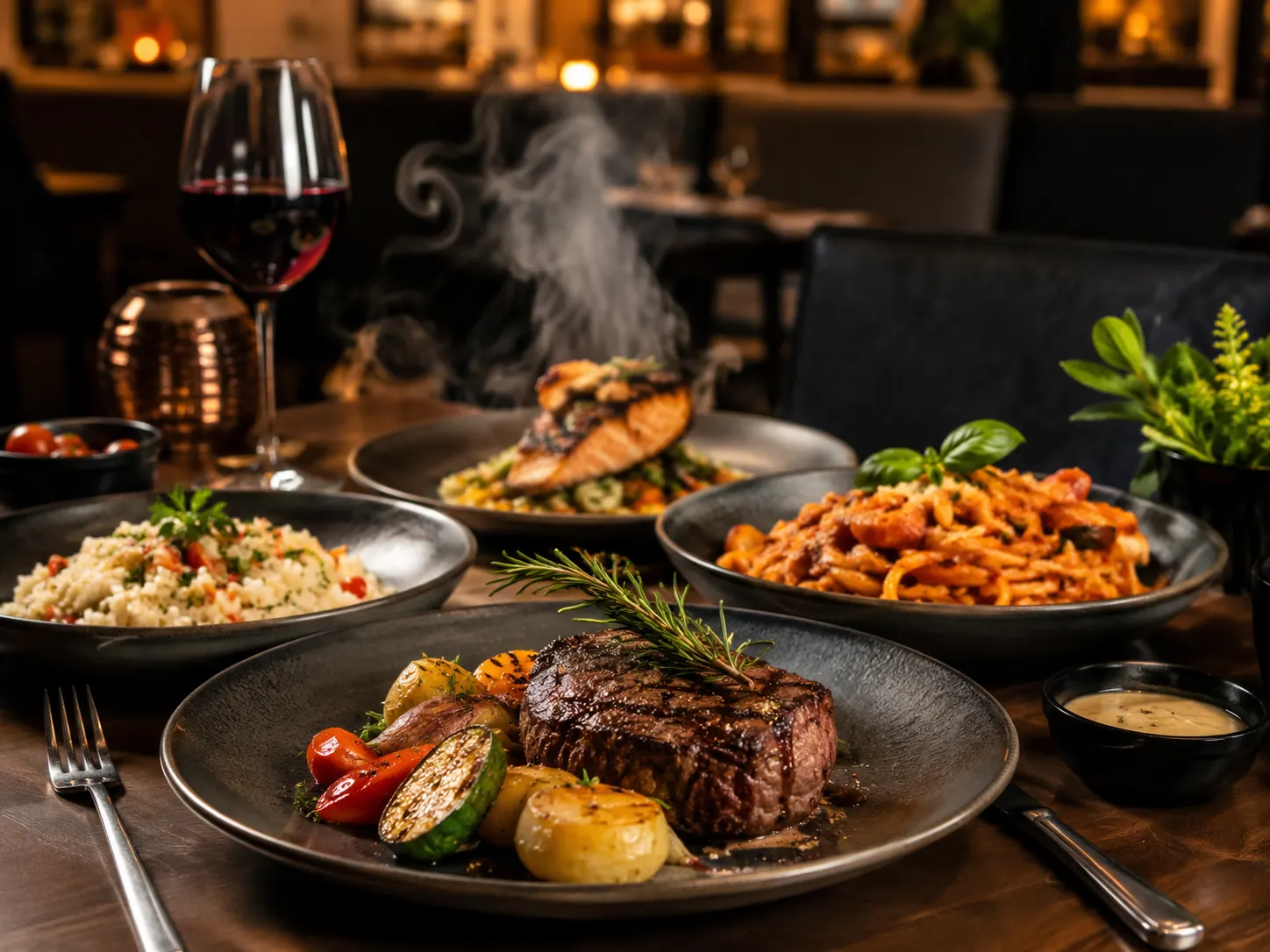Restaurant dinner spread on dark plates with grilled steak, salmon, tomato pasta and rice