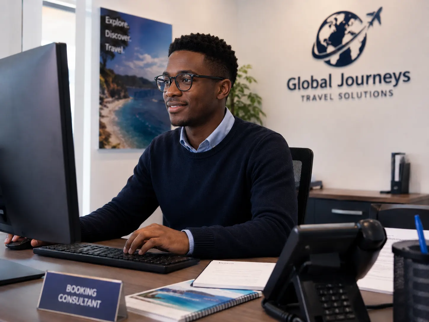 Young travel-agency booking consultant smiling while working on a desktop computer at his office desk